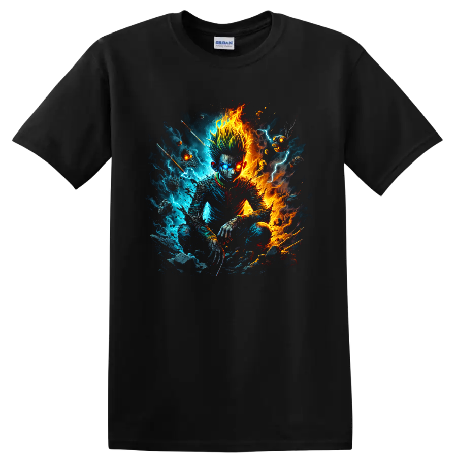 Hunter × Hunter elemental warrior graphic with blue lightning and orange flames on a Black T Shirt