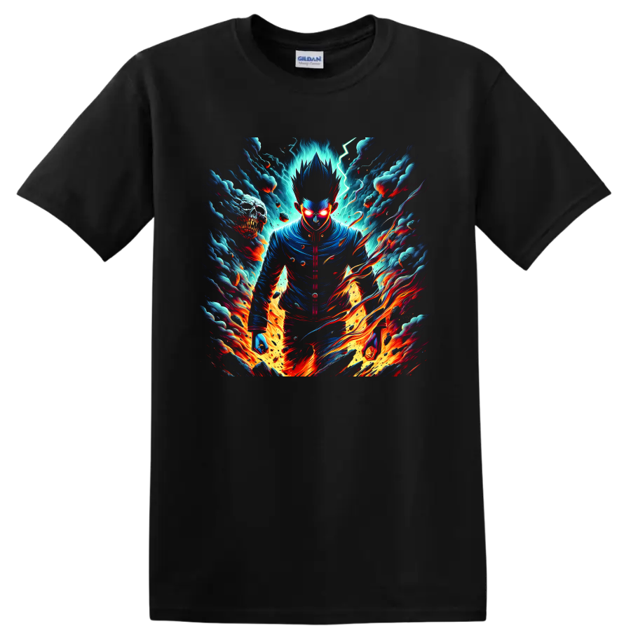 Shigeo Kageyama psychic energy anime graphic with lightning, clouds, and flames on a Black T Shirt