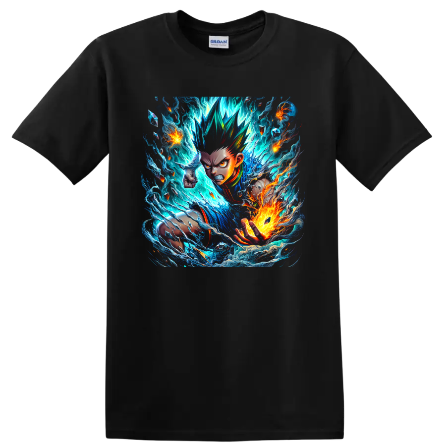 Adult Gon Freecss anime art with blue energy waves and orange fire on a Black T Shirt