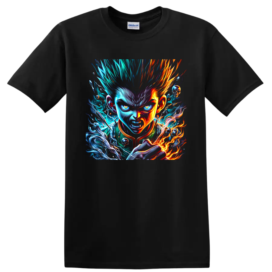 Fierce anime warrior portrait with blue lightning, orange fire, smoke, and skull accents on a Black T Shirt