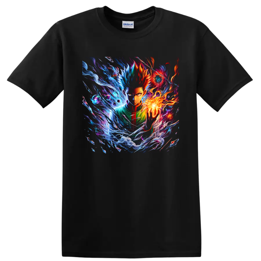 Gon Freecss and Killua Zoldyck elemental anime energy graphic with flames and blue waves on a Black T Shirt