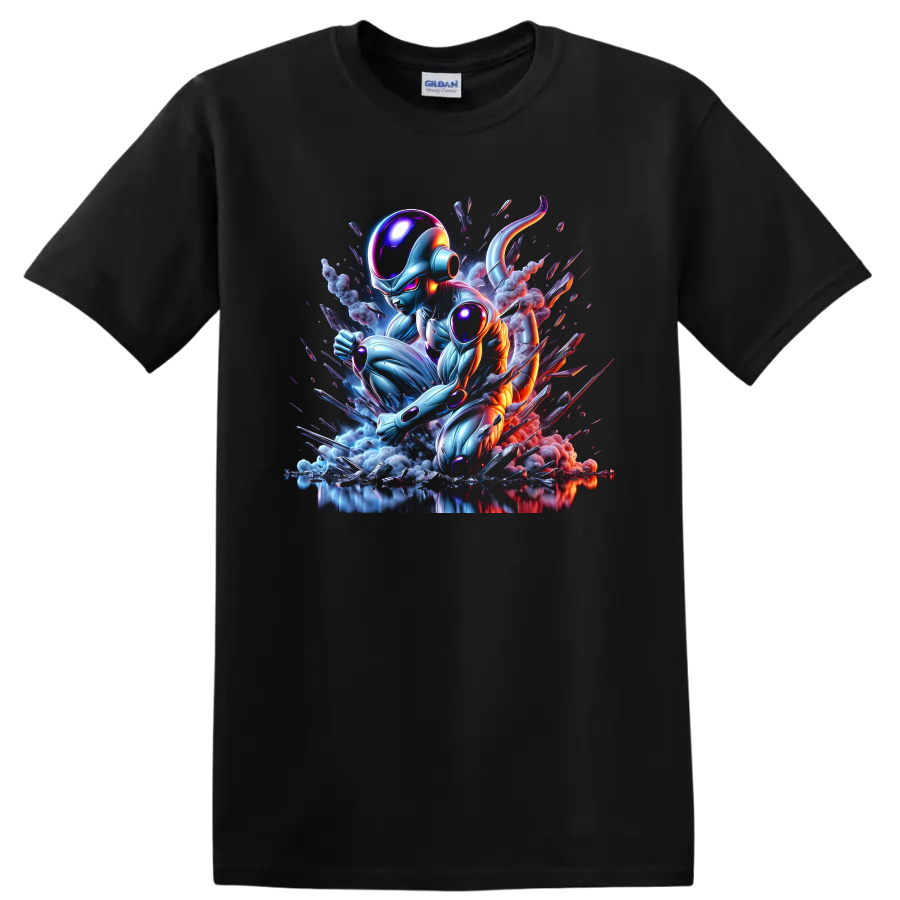 Metal Cooler cybernetic battle art with glowing armor, smoke, and shattered fragments on a Black T Shirt