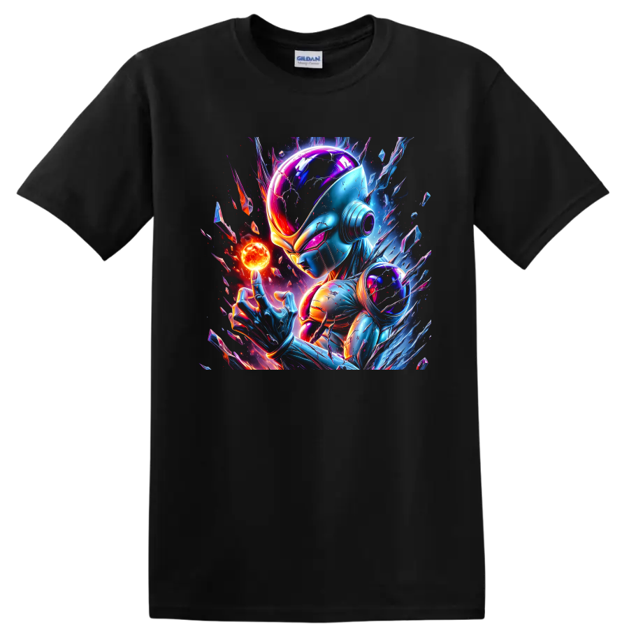 Frieza Dragon Ball cyberpunk art with glowing energy orb and cosmic crystal shards on a Black T Shirt