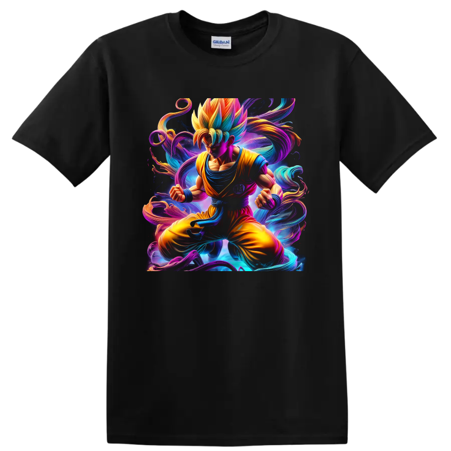 Goku Super Saiyan anime artwork with swirling neon energy and cosmic background on a Black T Shirt