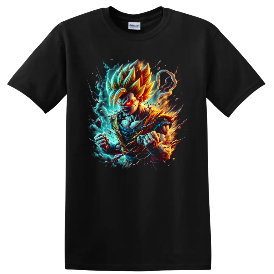Goku Ultra Instinct anime fighter with turquoise energy aura and fiery action effects on a Black T Shirt