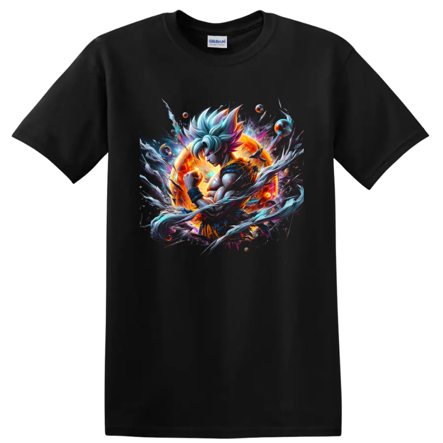 Goku Ultra Instinct cosmic anime warrior graphic with orange energy and swirling effects on a Black T Shirt