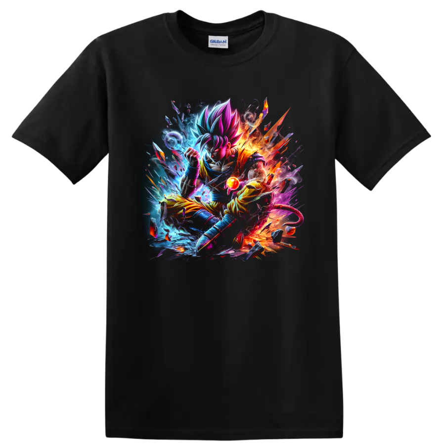 Goku Ultra Instinct in explosive blue and orange anime battle art with energy orb on a Black T Shirt