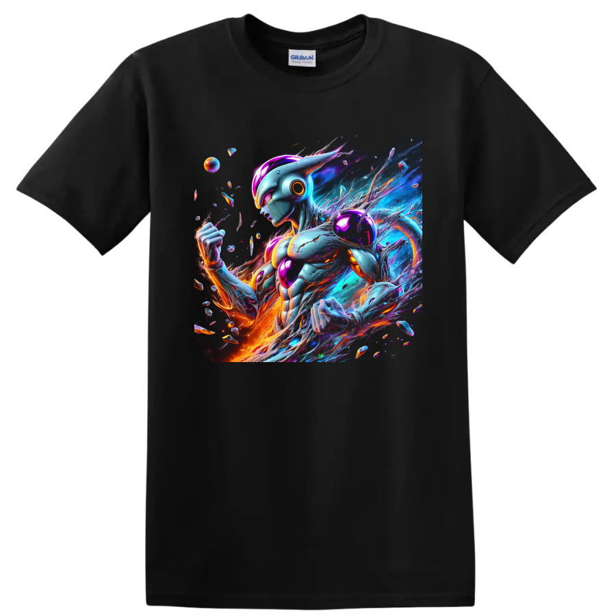 Metal Cooler cybernetic warrior in vivid cosmic neon anime art on a Black T Shirt