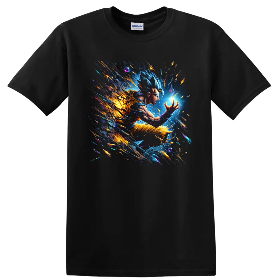 Goku Ultra Instinct cosmic energy graphic with glowing power sphere and lightning on a Black T Shirt