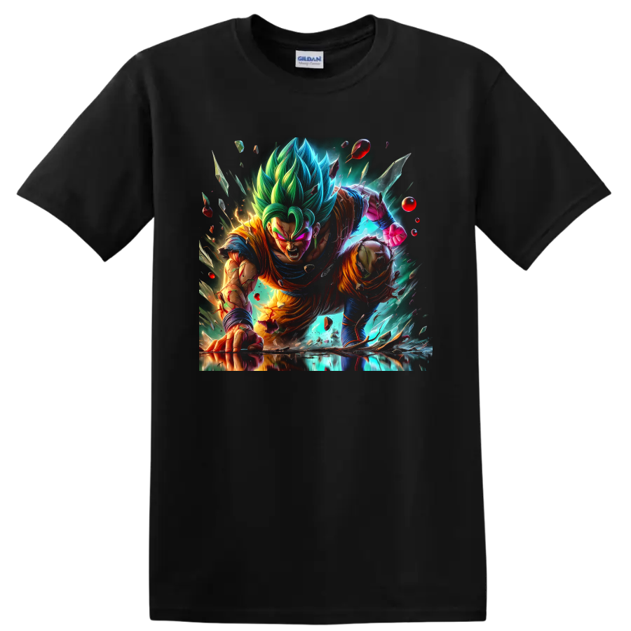 Vegito Blue charging through an explosive anime battle with shattered energy fragments on a Black T Shirt