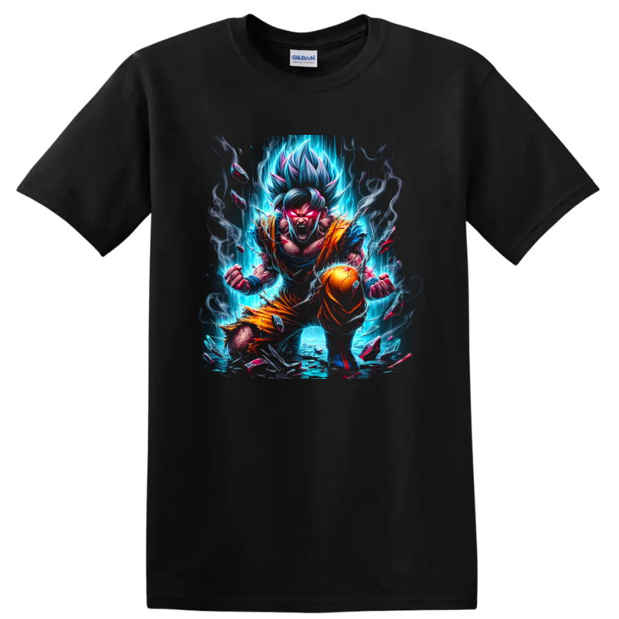 Goku Ultra Instinct anime fighter with blue energy aura and orange battle outfit on a Black T Shirt