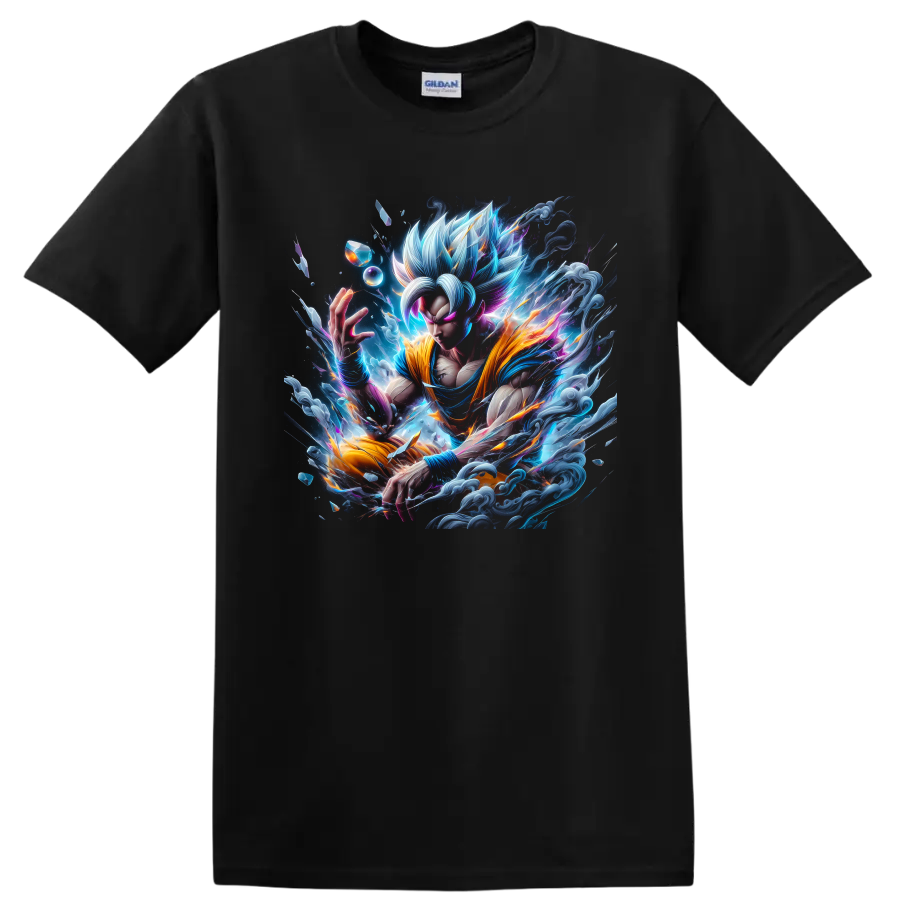 Goku Ultra Instinct anime warrior graphic with silver hair and cosmic energy on a Black T Shirt