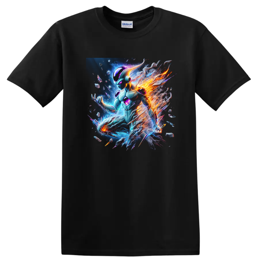 Frieza cosmic anime warrior with blue energy and fiery orange flames on a Black T Shirt