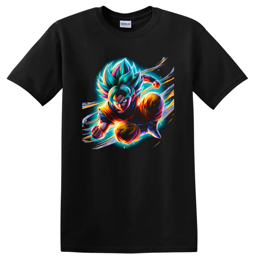 Goku Super Saiyan Blue cosmic anime action graphic with glowing energy trails on a Black T Shirt