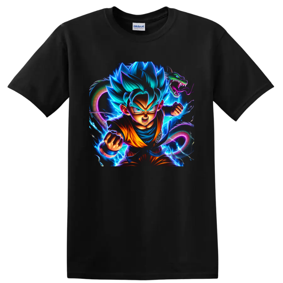 Goku Super Saiyan Blue and Shenron in electric Dragon Ball Super action art on a Black T Shirt