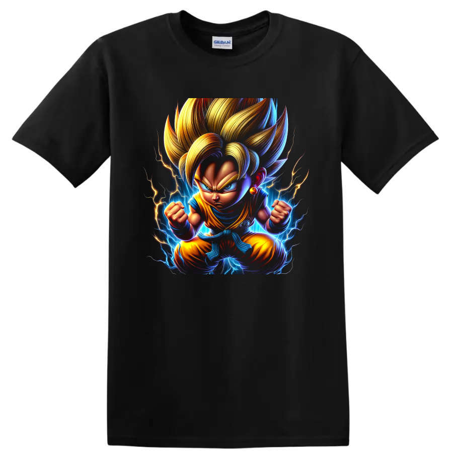 Super Saiyan Goku Dragon Ball Daima style anime fighter with lightning aura on a Black T Shirt