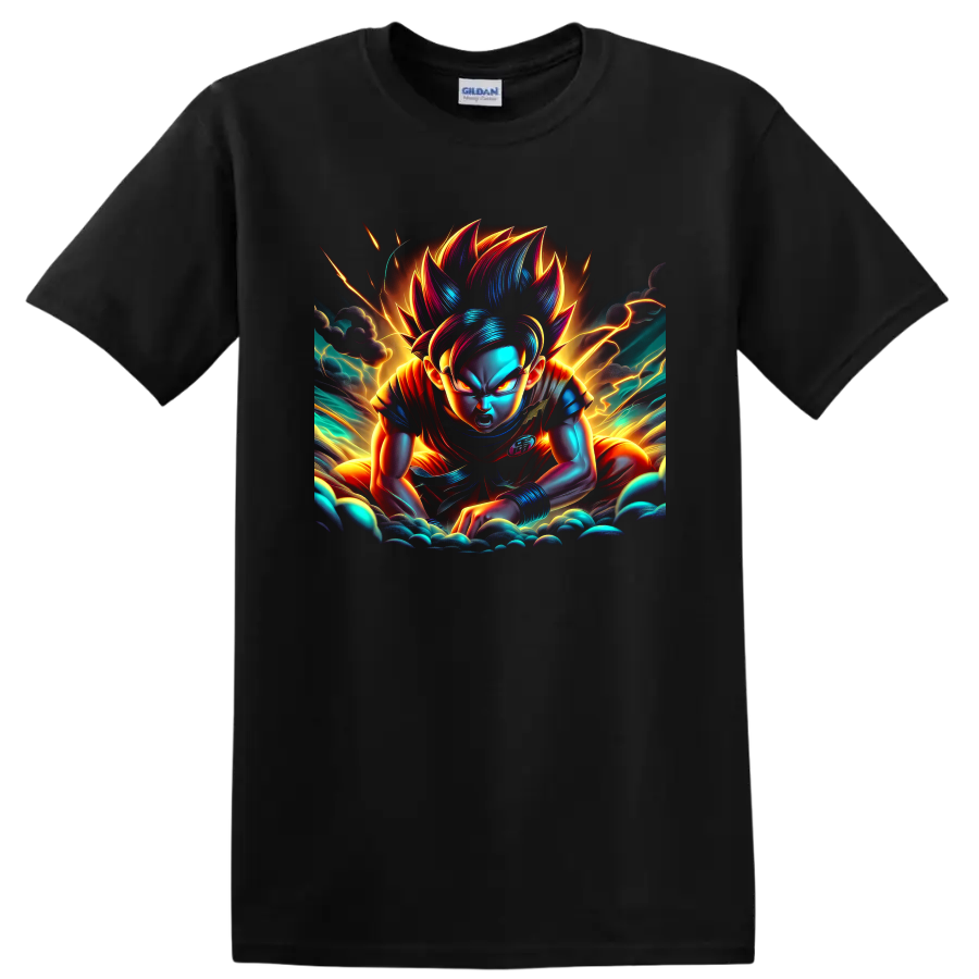 Goku Ultra Instinct anime warrior graphic with neon lightning and storm clouds on a Black T Shirt