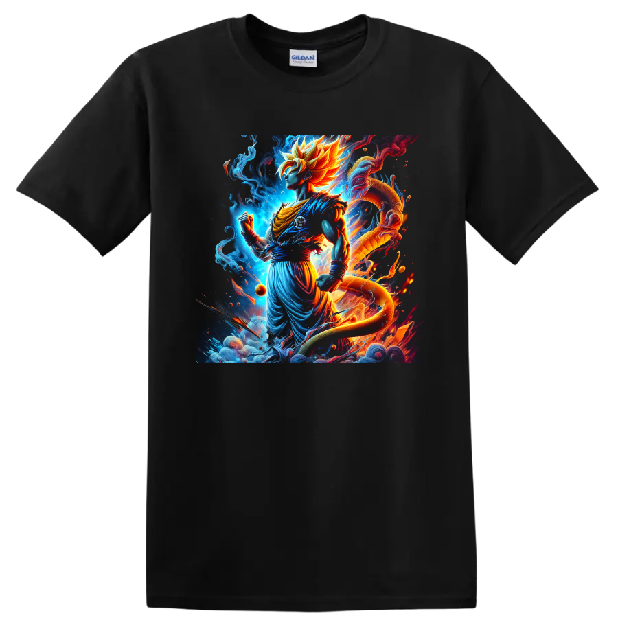 Goku Ultra Instinct anime warrior with cosmic dragon and glowing energy art on a Black T Shirt