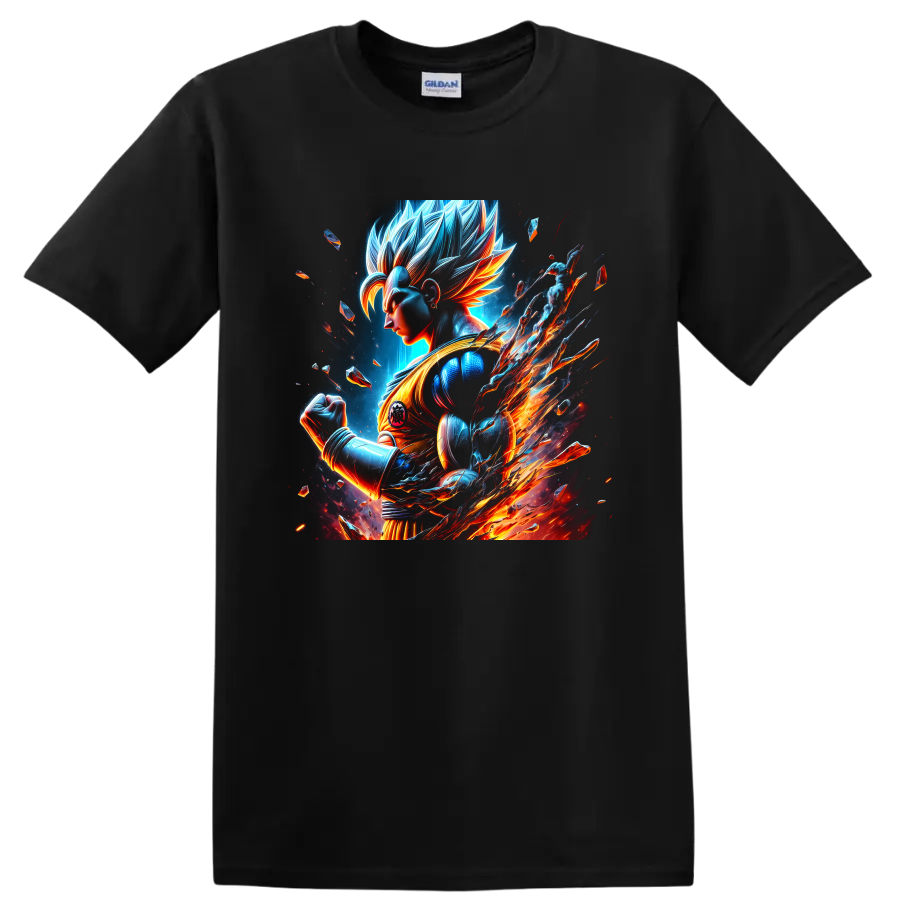 Goku Ultra Instinct cosmic anime warrior graphic with blue energy and fiery trails on a Black T Shirt