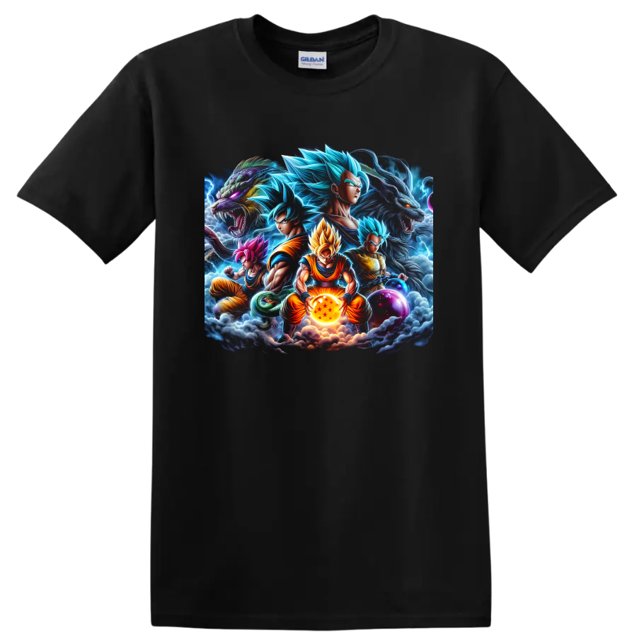 Goku and Vegeta Dragon Ball battle graphic with dragons, lightning, and Dragon Balls on a Black T Shirt
