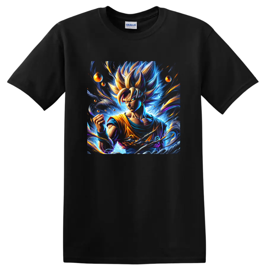 Goku Ultra Instinct-inspired cosmic anime fighter graphic with glowing energy trails on a Black T Shirt