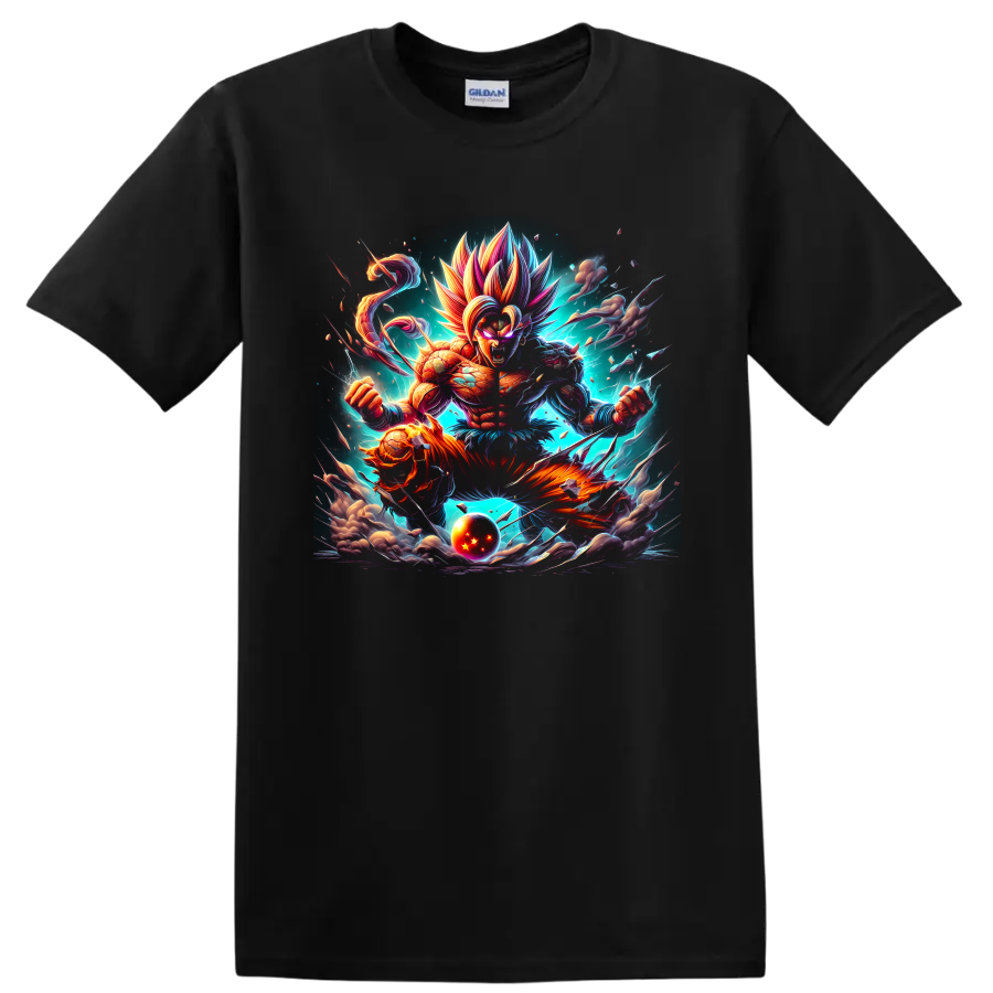 Goku cosmic battle artwork with multicolored spiked hair and glowing energy on a Black T Shirt