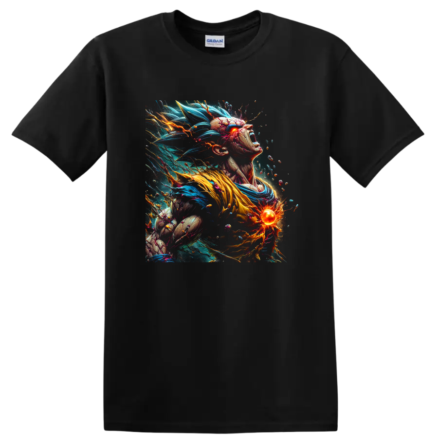Goku Ultra Instinct anime warrior with blue energy hair and glowing power orb on a Black T Shirt
