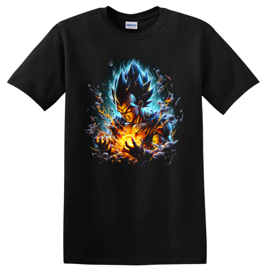 Vegeta Ultra Ego anime fighter with glowing energy blast, lightning, and cosmic aura on a Black T Shirt