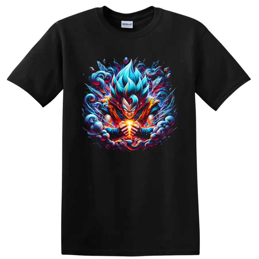 Goku Super Saiyan Blue anime warrior charging a glowing energy burst on a Black T Shirt