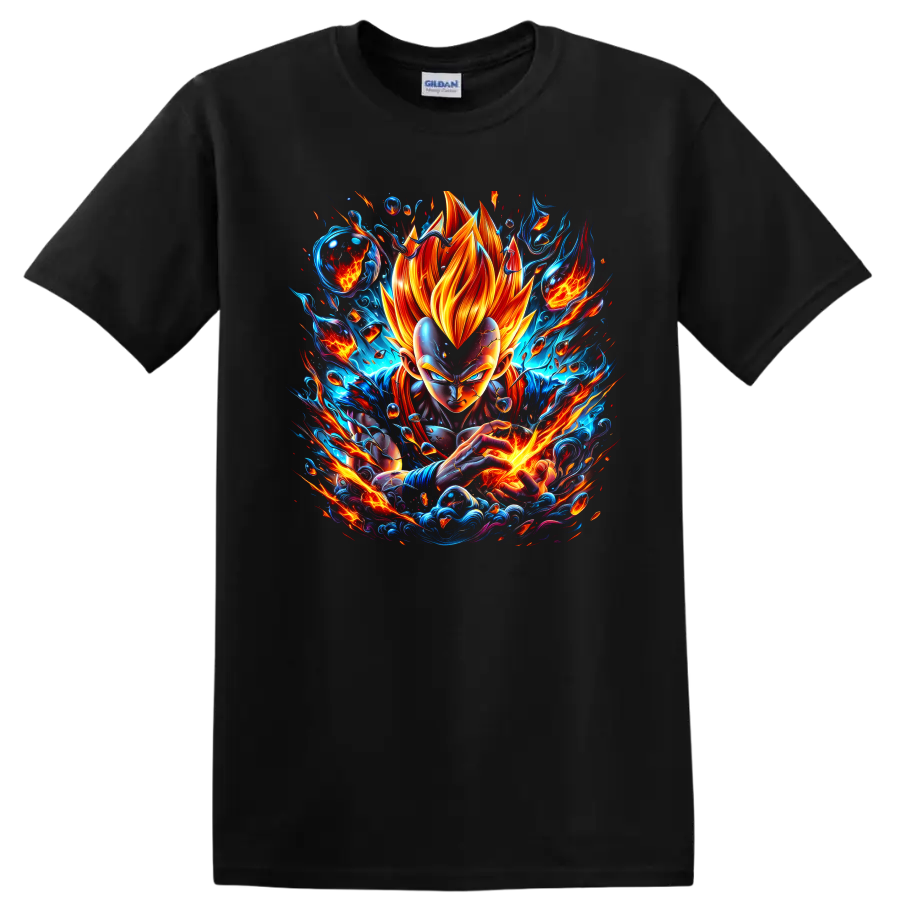 Vegeta Super Saiyan God anime graphic with fiery energy and explosive action effects on a Black T Shirt