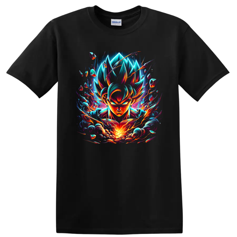 Goku Ultra Instinct neon anime warrior graphic with swirling energy and crystal fragments on a Black T Shirt