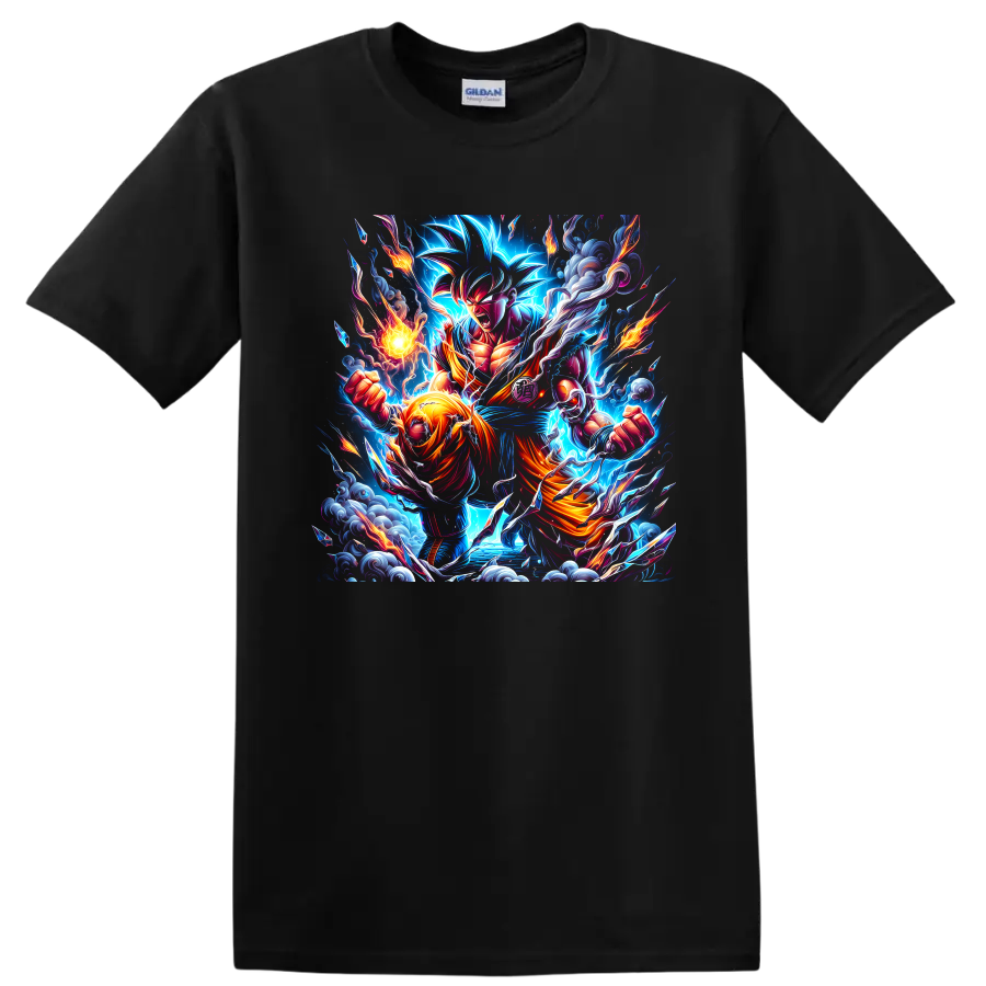 Goku Mastered Ultra Instinct anime battle art with electric aura and flames on a Black T Shirt
