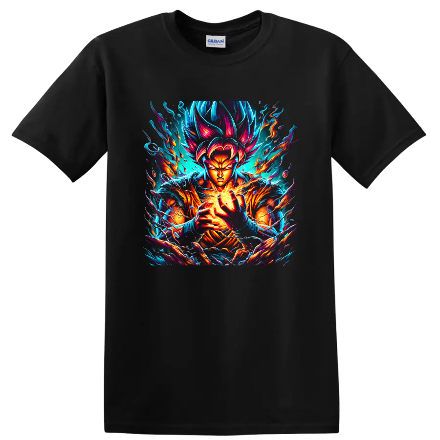Goku Ultra Instinct-inspired neon energy warrior graphic print on a Black T Shirt