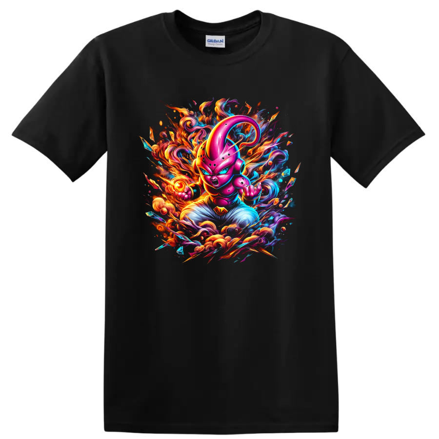 Majin Buu neon battle art with fiery energy swirls and crystal shards on a Black T Shirt