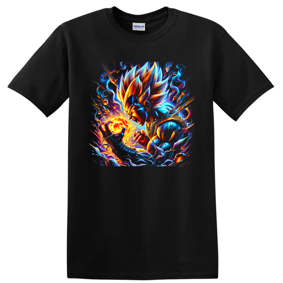 Vegeta anime warrior with blazing energy orb, electric blue flames, and cosmic swirls on a Black T Shirt