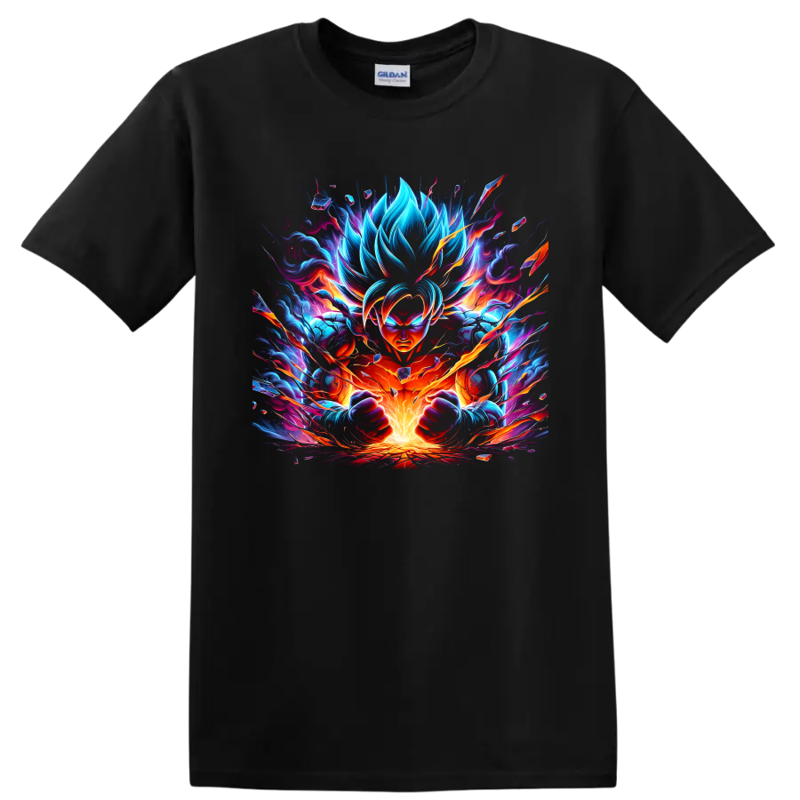 Goku Ultra Instinct with neon blue flames and orange energy burst digital art on a Black T Shirt