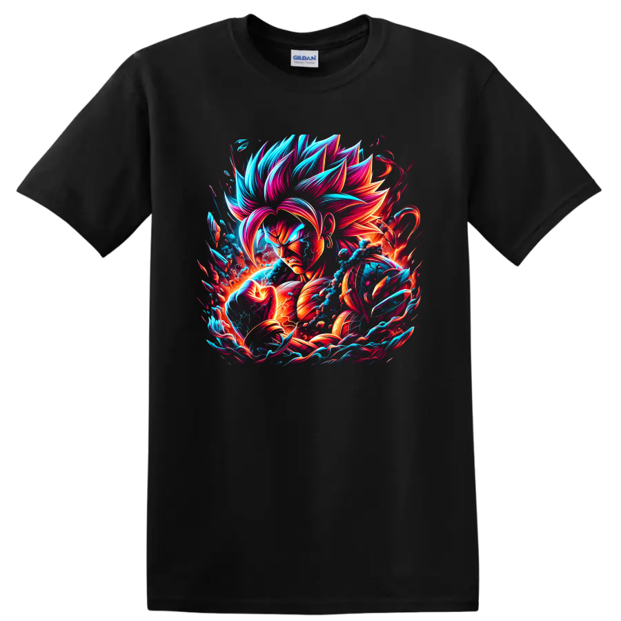 Goku Super Saiyan Blue neon anime warrior graphic with swirling energy on a Black T Shirt