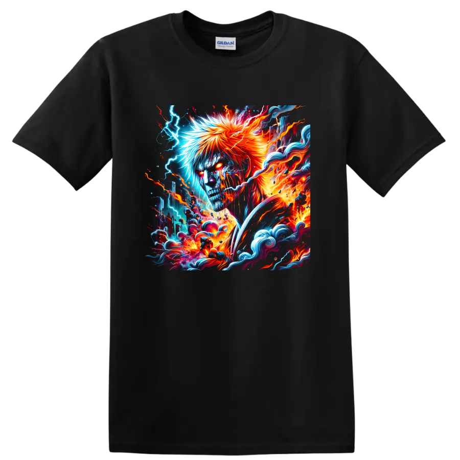 Ichigo Kurosaki fantasy warrior illustration with blue lightning, orange fire, and waves on a Black T Shirt