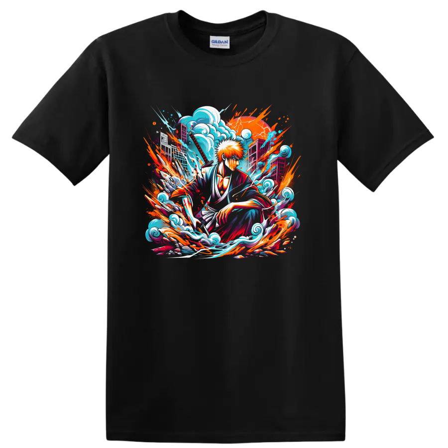 Ichigo Kurosaki with katana, turquoise waves, and orange anime action art on a Black T Shirt