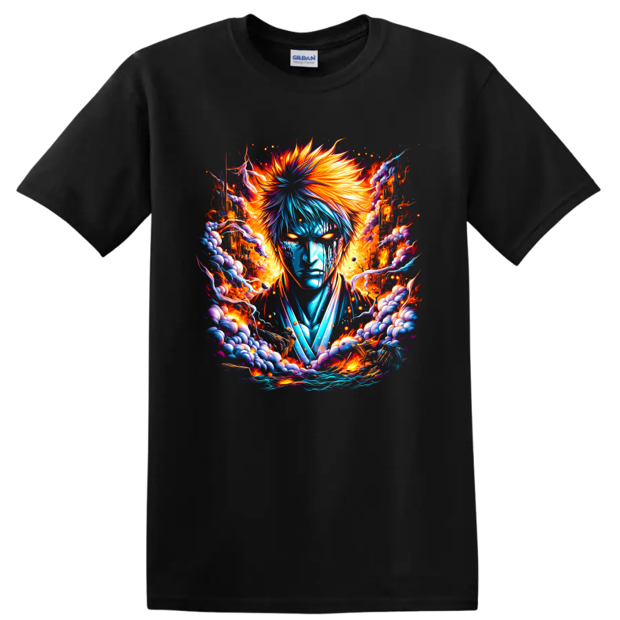 Ichigo Kurosaki fiery blue and orange fantasy warrior graphic print on a Black T Shirt