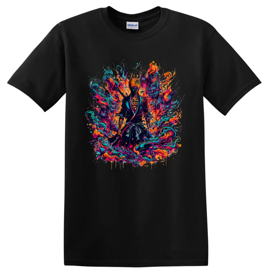 Ichigo Kurosaki neon fantasy warrior graphic with fiery energy and teal waves on a Black T Shirt