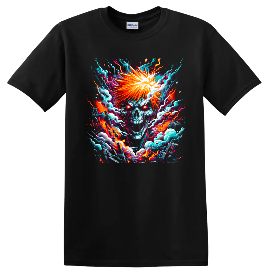 Ichigo Kurosaki Hollow-inspired skull visage with fiery anime energy art on a Black T Shirt
