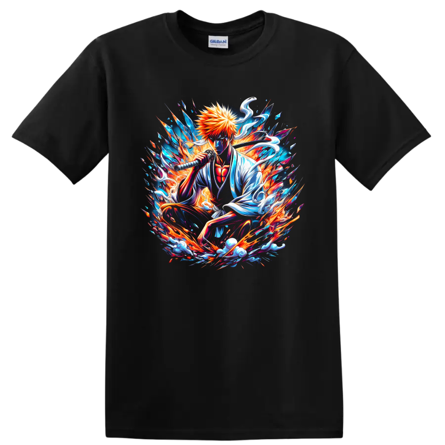 Ichigo Kurosaki sword-wielding anime art with explosive blue and orange energy on a Black T Shirt