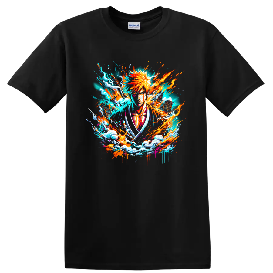 Ichigo Kurosaki anime graphic with fiery energy bursts and stylized turquoise waves on a Black T Shirt
