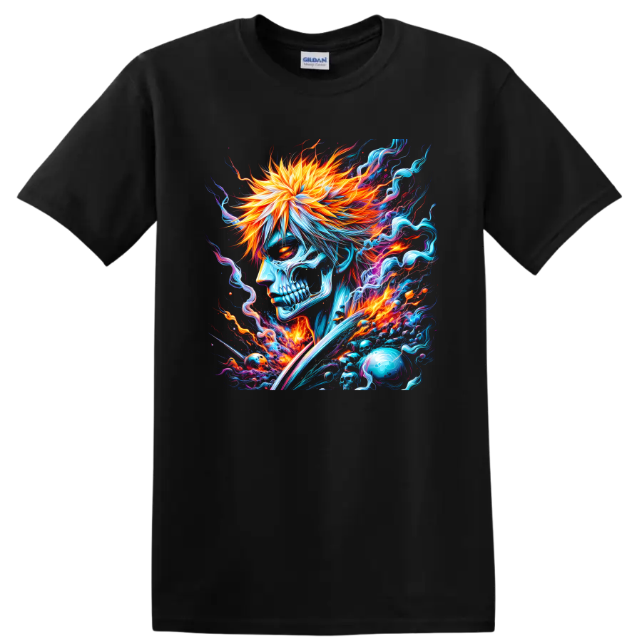 Ichigo Kurosaki skull warrior with flaming hair, sword, and neon energy on a Black T Shirt