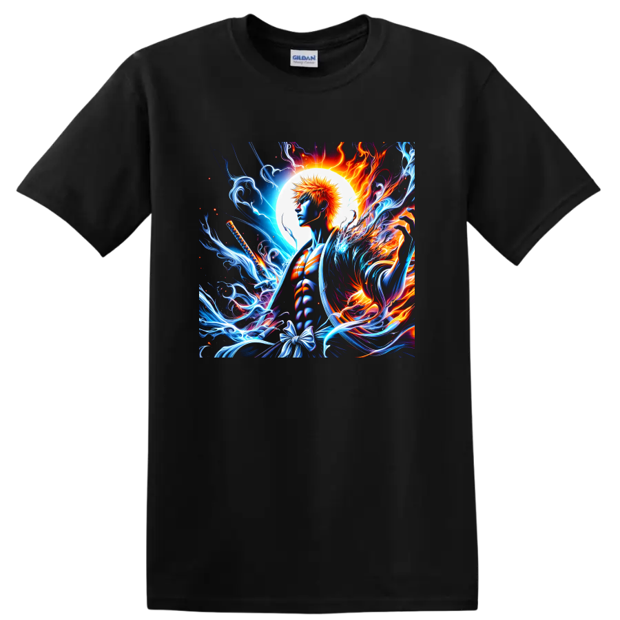 Ichigo Kurosaki anime art with a sword, glowing moon, blue energy and fire on a Black T Shirt