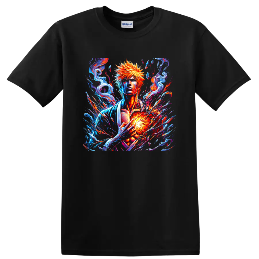 Ichigo Kurosaki fiery energy fantasy art with swirling blue and red effects on a Black T Shirt