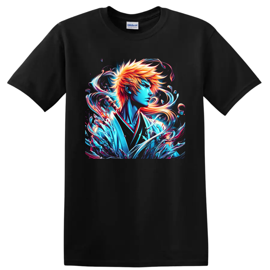 Ichigo Kurosaki neon anime portrait with fiery hair and swirling energy on a Black T Shirt