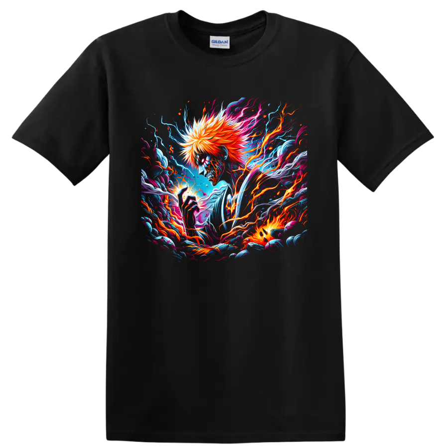 Ichigo Kurosaki skull-like portrait with fiery hair and neon electric anime art on a Black T Shirt