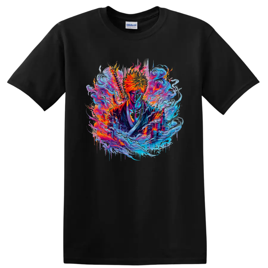 Ichigo Kurosaki with fiery sword in neon waves and city fantasy art on a Black T Shirt